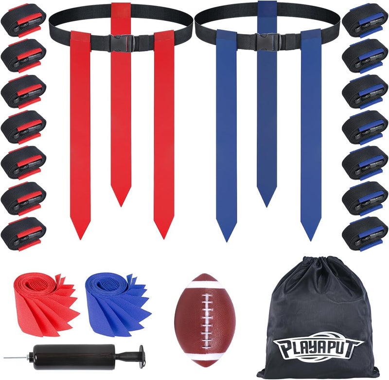 PLAYAPUT Flag Football Belts, 14 Player Adjustable Flag Football Set With 42 Football Flags,Size 3 Football, Pump and Storage Bag, Size Adjustable Up To 47 Inch Flag Football Belt For Kids,Youths,Adults - Image 1